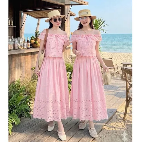 Sét váy thô boi cổ bèo HS chất thô boi mềm mát, mặc đi chơi, đi biển, mặc nhóm cực xinh - May0915