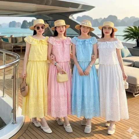 Sét váy thô boi cổ bèo HS chất thô boi mềm mát, mặc đi chơi, đi biển, mặc nhóm cực xinh - May0915