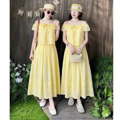 Sét váy thô boi cổ bèo HS chất thô boi mềm mát, mặc đi chơi, đi biển, mặc nhóm cực xinh - May0915