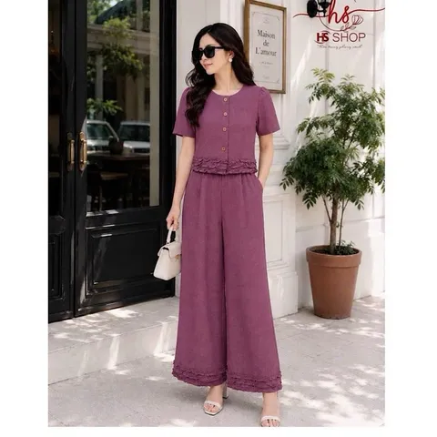 Sét bộ HS áo sơ mi chân bèo và quần ống rộng trẻ trung thanh lịch, Sét bộ mặc đi làm đi chơi đều đẹp - May0915