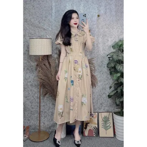 Váy hoa cổ bèo, dáng xòe chất vải thô hàng thiết kế đẹp, váy hoa dài xòe, đi chơi - Mây Boutique - May0915