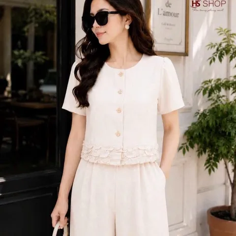 Sét bộ HS áo sơ mi chân bèo và quần ống rộng trẻ trung thanh lịch, Sét bộ mặc đi làm đi chơi đều đẹp - May0915