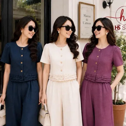 Sét bộ HS áo sơ mi chân bèo và quần ống rộng trẻ trung thanh lịch, Sét bộ mặc đi làm đi chơi đều đẹp - May0915