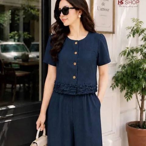 Sét bộ HS áo sơ mi chân bèo và quần ống rộng trẻ trung thanh lịch, Sét bộ mặc đi làm đi chơi đều đẹp - May0915