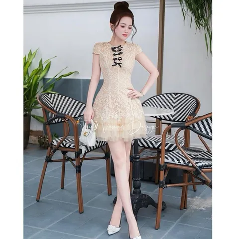 Váy ren chân lưới nhiều tầng đính nơ xinh xắn tiểu thư, form tôn dáng phù hợp cho mọi dịp - May0915