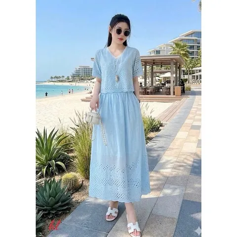 Sét váy thô boi cổ tim phối ren xinh xắn - May0915