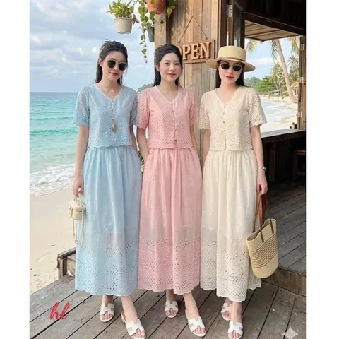Sét váy thô boi cổ tim phối ren xinh xắn - May0915