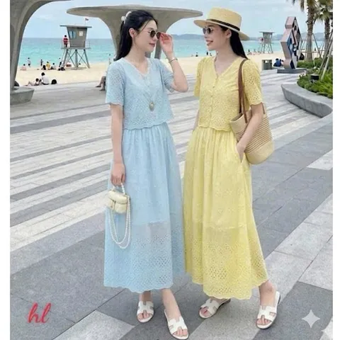Sét váy thô boi cổ tim phối ren xinh xắn - May0915