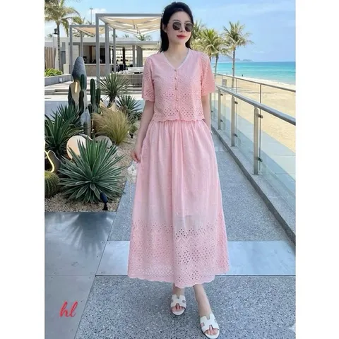 Sét váy thô boi cổ tim phối ren xinh xắn - May0915