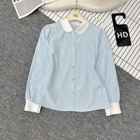 Áo sơ mi dài tay chấm bi phối cổ trẻ trung - May0915
