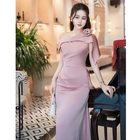 Váy dự tiệc lụa hoa vai form body tôn dáng sang chảnh - May0915