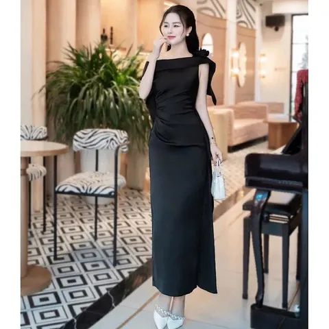Váy dự tiệc lụa hoa vai form body tôn dáng sang chảnh - May0915