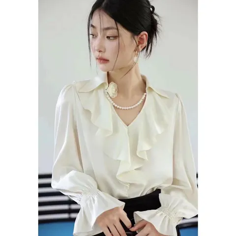 Áo sơ mi lụa dài tay cổ bèo đính ngọc hàng QC loại 1 - May0915