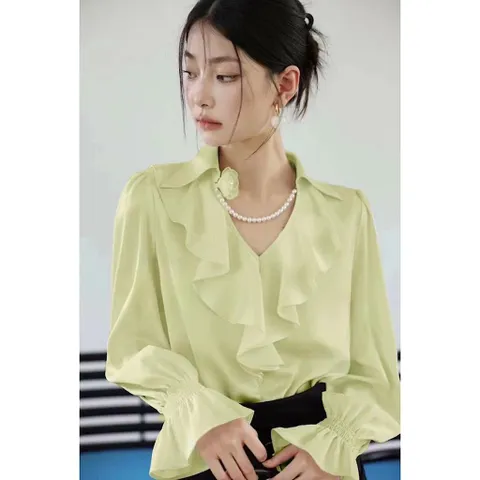 Áo sơ mi lụa dài tay cổ bèo đính ngọc hàng QC loại 1 - May0915