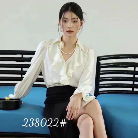 Áo sơ mi lụa dài tay cổ bèo đính ngọc hàng QC loại 1 - May0915