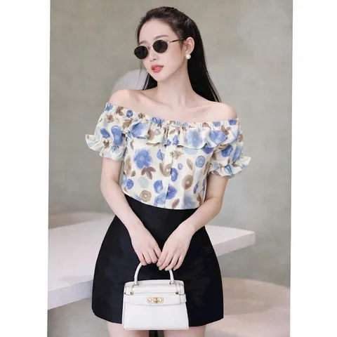 Áo trễ vai hoa nữ thời trang với thiết kế tay phồng và họa tiết hoa tinh tế - Dứa - May0915
