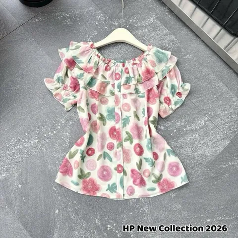 Áo trễ vai hoa nữ thời trang với thiết kế tay phồng và họa tiết hoa tinh tế - Dứa - May0915