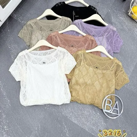 Áo ren lưới cổ tròn cộc tay mã 3215 hàng Quảng Châu siêu đẹp, chất đanh mềm - May0915