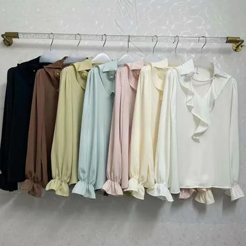 Áo sơ mi lụa dài tay cổ bèo đính ngọc hàng QC loại 1 - May0915