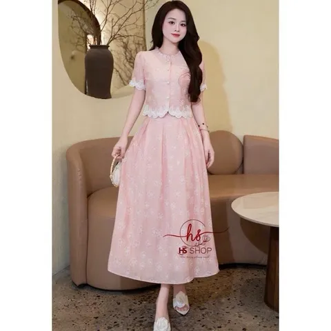 Sét váy tơ in hoa HS dáng xoè trẻ trung, thiết kế áo cổ bèo gấu ren xinh xắn - May0915