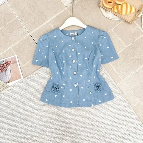 Áo sơ mi công sở hoạ tiết trái tim xinh xắn, áo sơ mi ký giả siêu đẹp chuẩn form tôn dáng - May0915