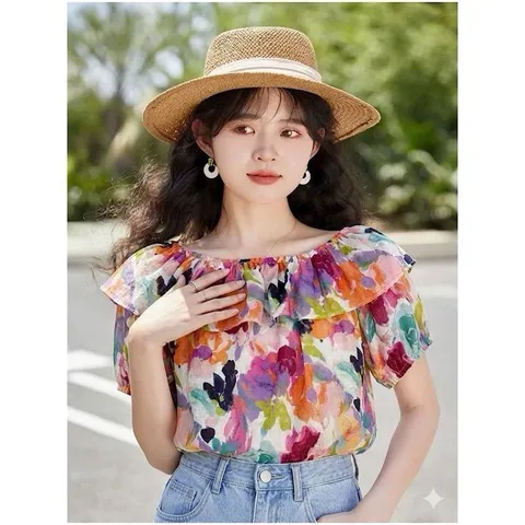 Áo sơ mi hoa cổ bèo trễ vai siêu xinh, áo nữ thời trang phong cách năng động - May0915