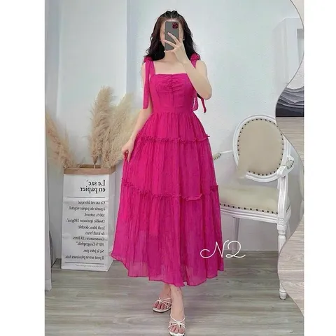 Váy maxi 2 dây hoa vai chất đũi mềm mát, form váy siêu tôn dáng - May0915