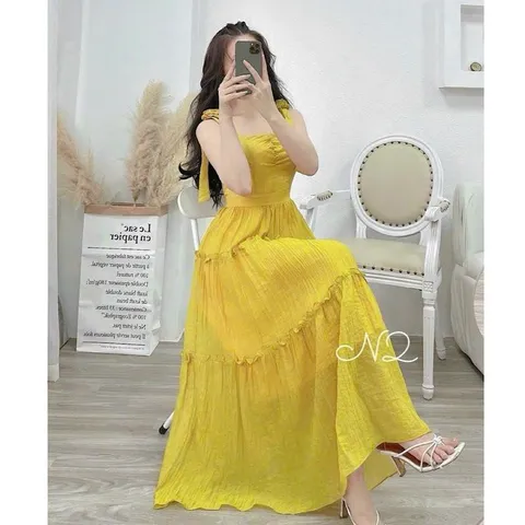 Váy maxi 2 dây hoa vai chất đũi mềm mát, form váy siêu tôn dáng - May0915