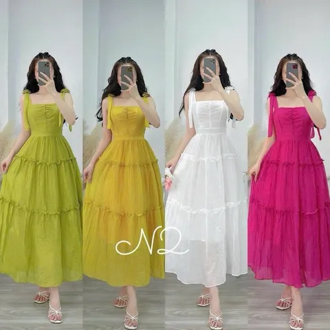 Váy maxi 2 dây hoa vai chất đũi mềm mát, form váy siêu tôn dáng - May0915
