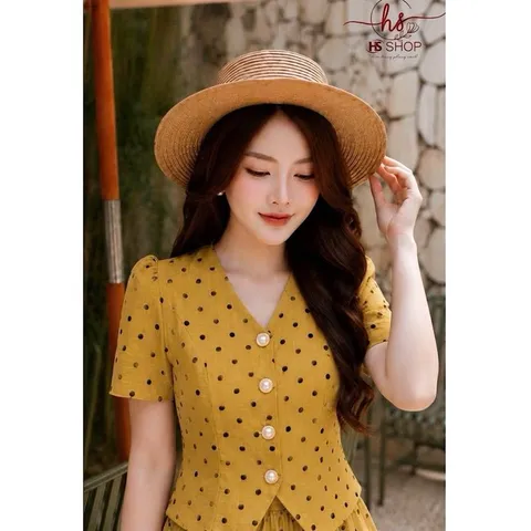 Sét áo cúc ngọc cổ tim HS và chân váy xoè thanh lịch, Sét váy vintage nhẹ nhàng tôn dáng cực xinh - May0915