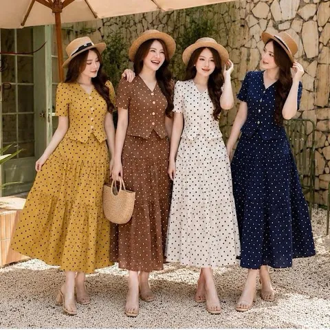 Sét áo cúc ngọc cổ tim HS và chân váy xoè thanh lịch, Sét váy vintage nhẹ nhàng tôn dáng cực xinh - May0915
