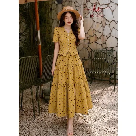 Sét áo cúc ngọc cổ tim HS và chân váy xoè thanh lịch, Sét váy vintage nhẹ nhàng tôn dáng cực xinh - May0915