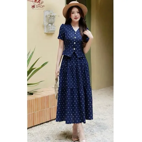 Sét áo cúc ngọc cổ tim HS và chân váy xoè thanh lịch, Sét váy vintage nhẹ nhàng tôn dáng cực xinh - May0915