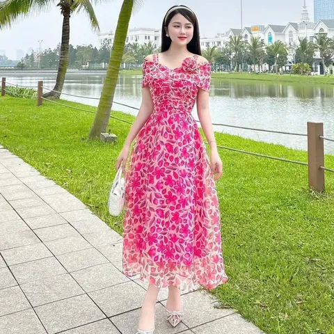 Váy maxi hoa trễ vai cúc ngọc - May3 - May0915