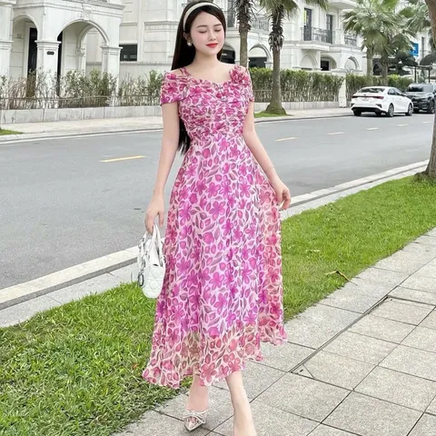 Váy maxi hoa trễ vai cúc ngọc - May3 - May0915