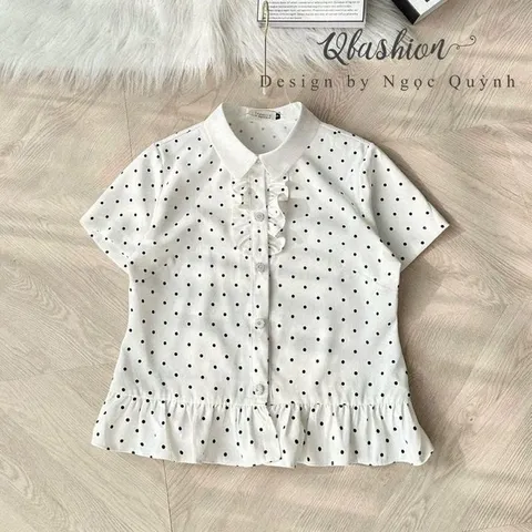 Áo sơ mi chấm bi phối bèo dáng croptop - May0915