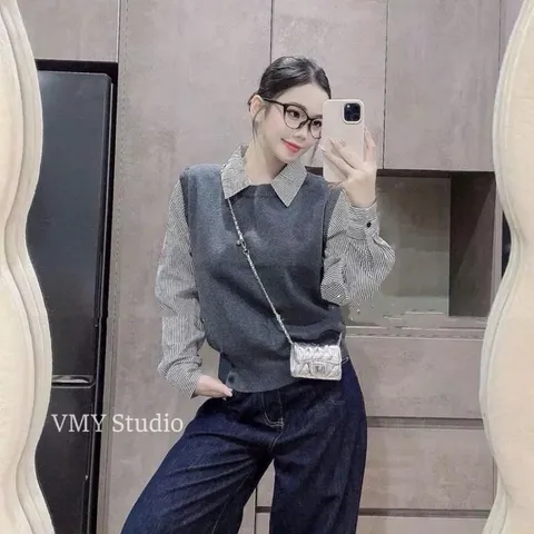 Áo len phối sơ mi liền thân trẻ trung xinh xắn, mặc đi làm đi chơi đều đẹp - May0915