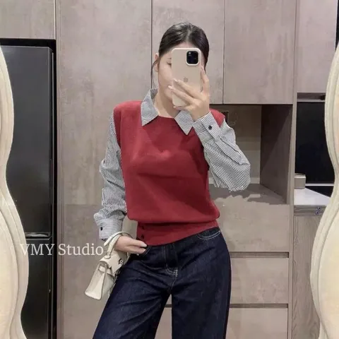 Áo len phối sơ mi liền thân trẻ trung xinh xắn, mặc đi làm đi chơi đều đẹp - May0915