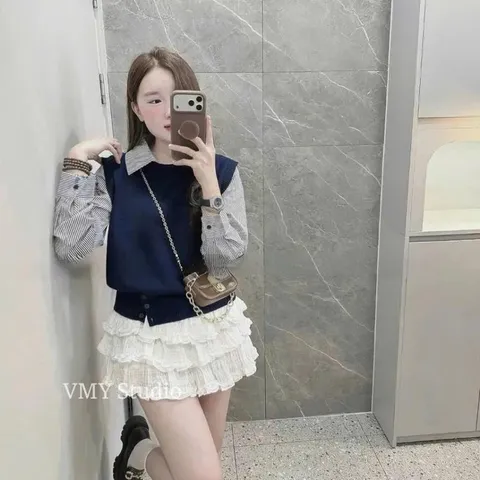 Áo len phối sơ mi liền thân trẻ trung xinh xắn, mặc đi làm đi chơi đều đẹp - May0915