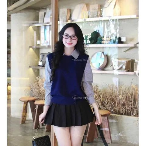 Áo len phối sơ mi liền thân trẻ trung xinh xắn, mặc đi làm đi chơi đều đẹp - May0915