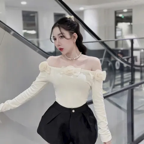 Áo thun trễ vai đính nơ hoa cực xinh - Mây Boutique HN