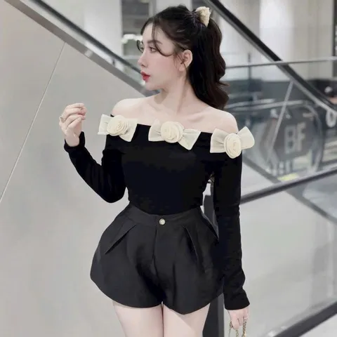 Áo thun trễ vai đính nơ hoa cực xinh - Mây Boutique HN