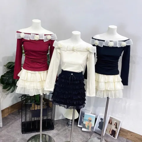 Áo thun trễ vai đính nơ hoa cực xinh - Mây Boutique HN
