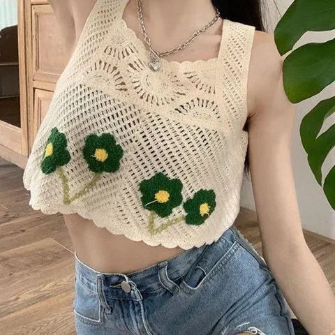 Áo Ren Ba Lỗ Sát Nách Len Họa Tiết Hoa Xinh Xẻo Cho Mùa Hè Năng Động - May0915