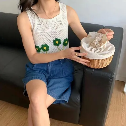 Áo Ren Ba Lỗ Sát Nách Len Họa Tiết Hoa Xinh Xẻo Cho Mùa Hè Năng Động - May0915