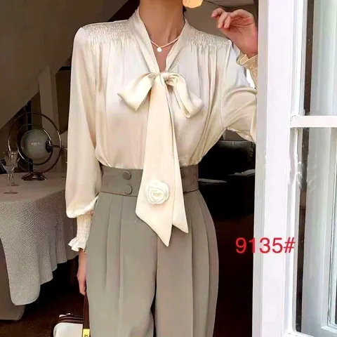Áo sơ mi công sở cổ nơ, áo sơ mi tay bo chun - May0915