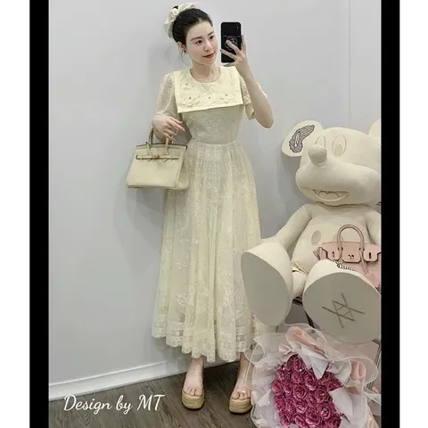 Váy ren mềm 2 lớp siêu đẹp, váy ren cổ thuỷ thủ đính hoa xinh - May0915