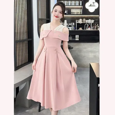 Váy dự tiệc trễ vai phối voan đính nơ xinh - Mây Boutique