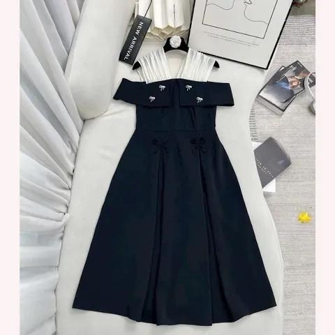 Váy dự tiệc trễ vai phối voan đính nơ xinh - Mây Boutique