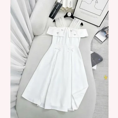 Váy dự tiệc trễ vai phối voan đính nơ xinh - Mây Boutique